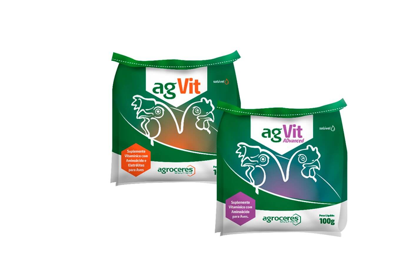 Imagem dos suplementos vitamínicos para aves Aporte de vitaminas - A imagem mostra dois sacos de ração de suplemento vitamínico para aves.